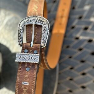 Ariat 44 Waist Brown Leather Belt, Embossed Buckle and Decorative Stitching